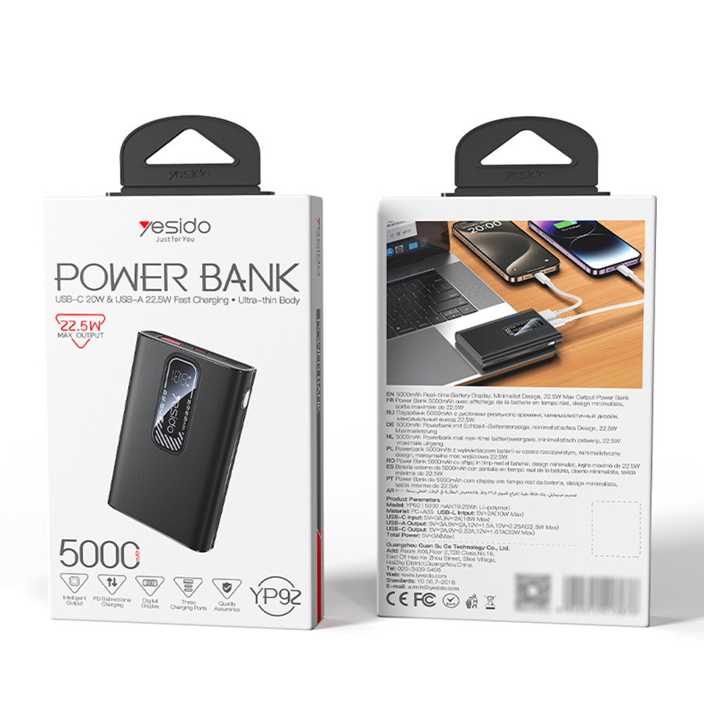 Batería Externa Yesido YP92, 5000mAh, 22.5W, QC + PD, 1 x USB-A - 1 x USB-C, Negra