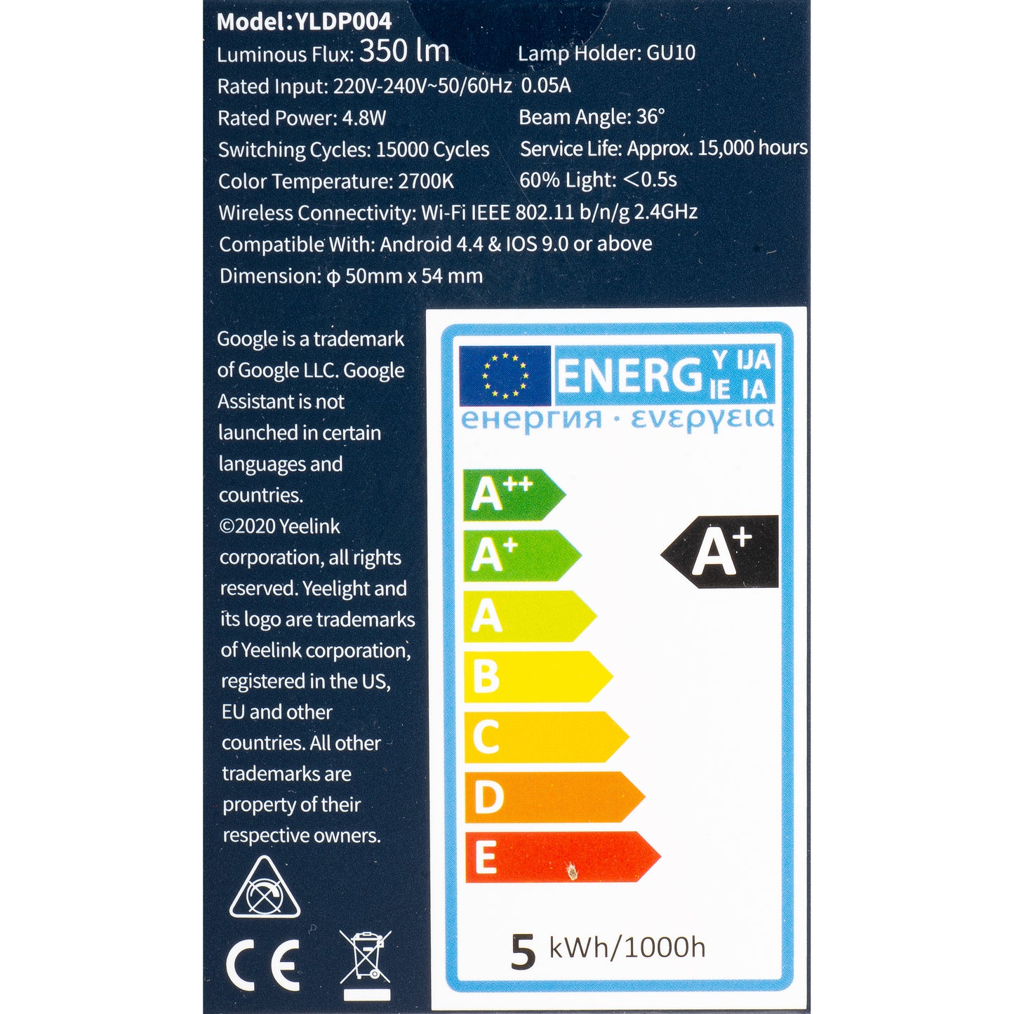 Bombilla LED Yeelight W1, Wi-Fi, GU10, 4.8W, 2700K, 350lm YLDP004