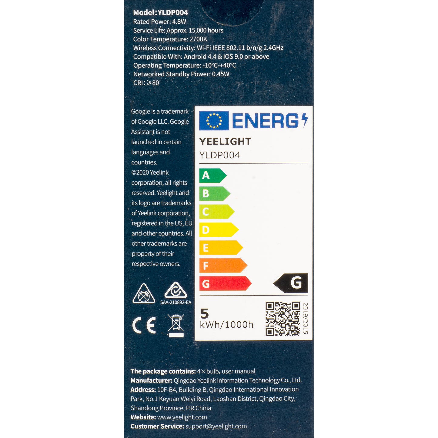Bombilla LED Yeelight W1, Wi-Fi, GU10, 4.8W, 2700K, 350lm, Set 4 piezas YLDP004
