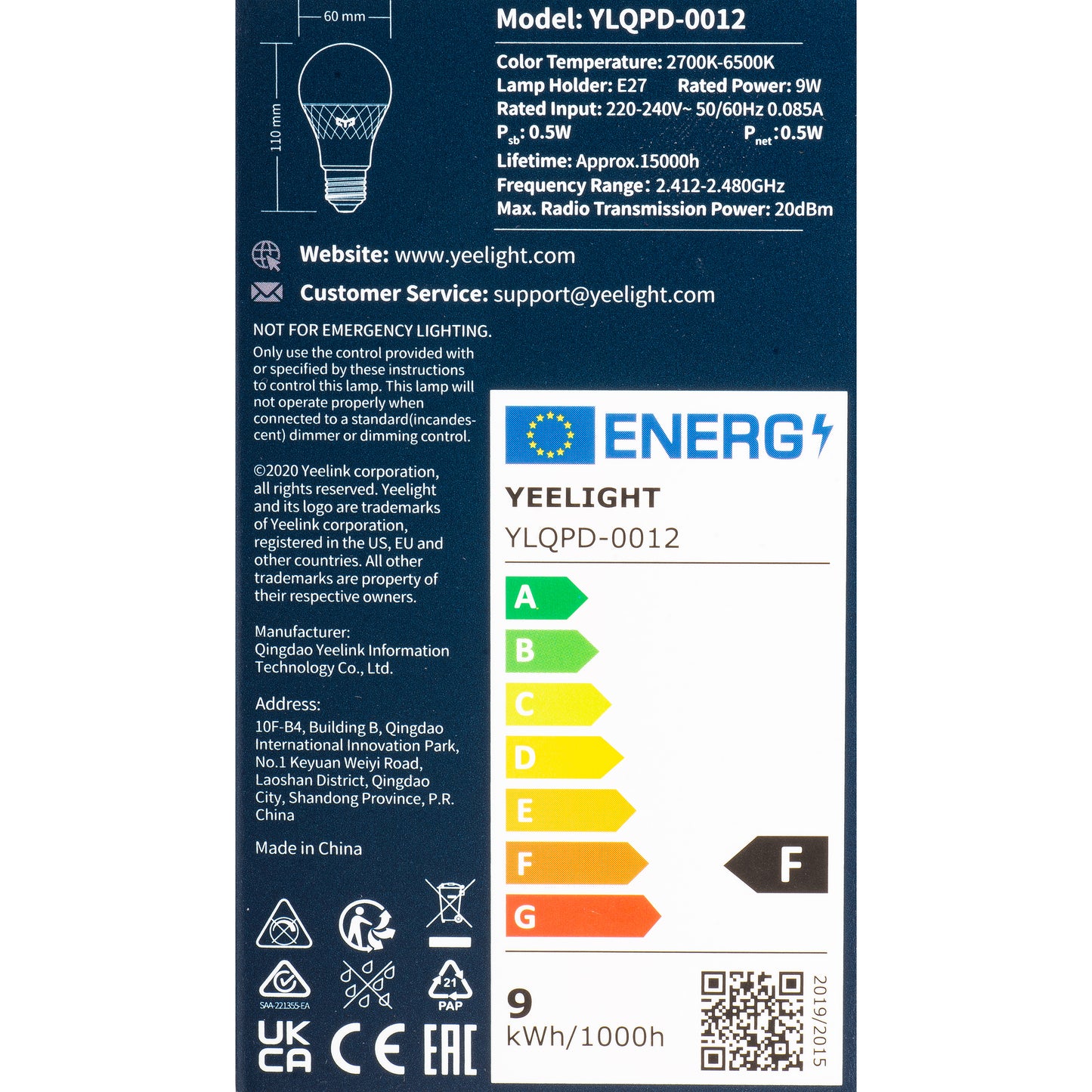 Bombilla LED Yeelight W4 Lite, Wi-Fi, E27, 9W, 2700K - 6500K, 806lm YLQDP-0012
