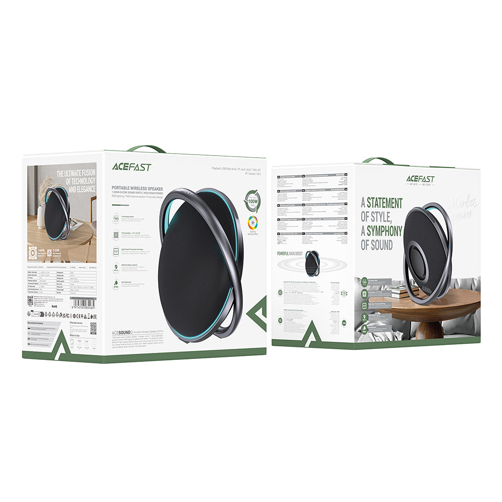 Altavoz Bluetooth Acefast K5 Pro, 100W, RGB, Impermeable, Negro