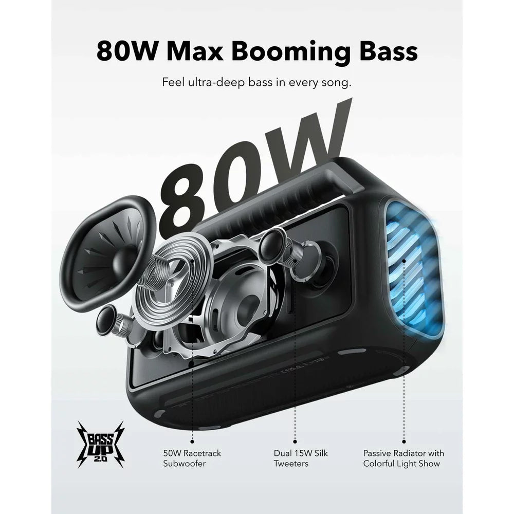 Altavoz Portátil Bluetooth Anker SoundCore Boom 2, 80W, TWS, RGB, Impermeable, Negro A3138011