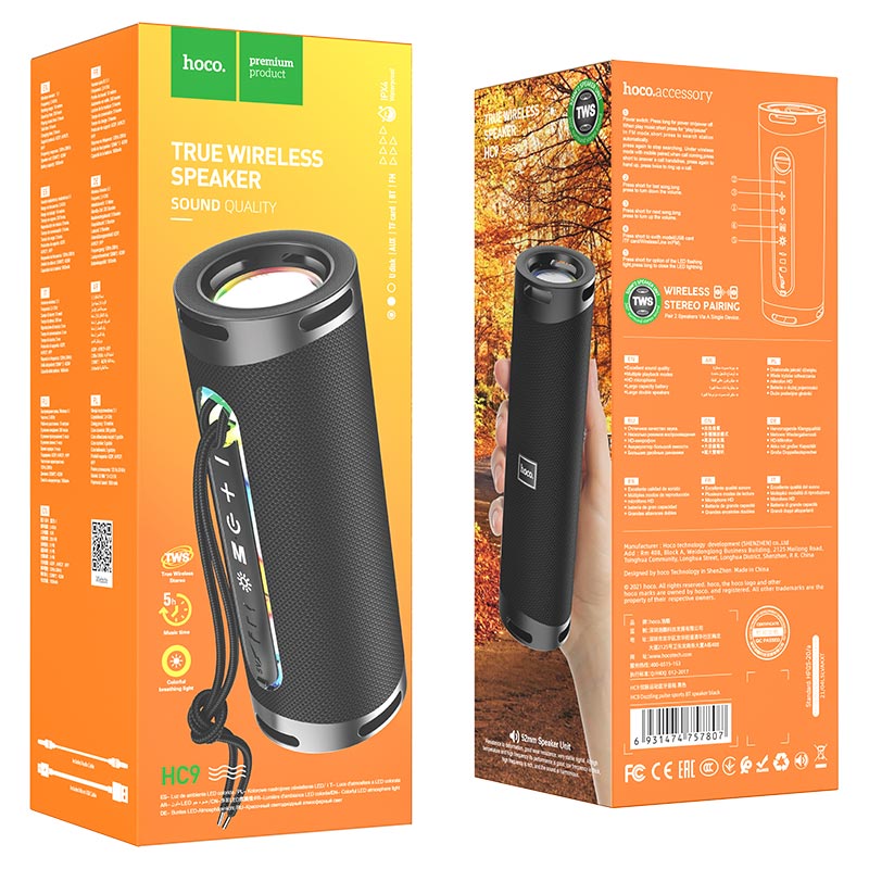 Altavoz Portátil Bluetooth HOCO HC9 Dazzling Pulse Sports, 10W, TWS, RGB, Negro