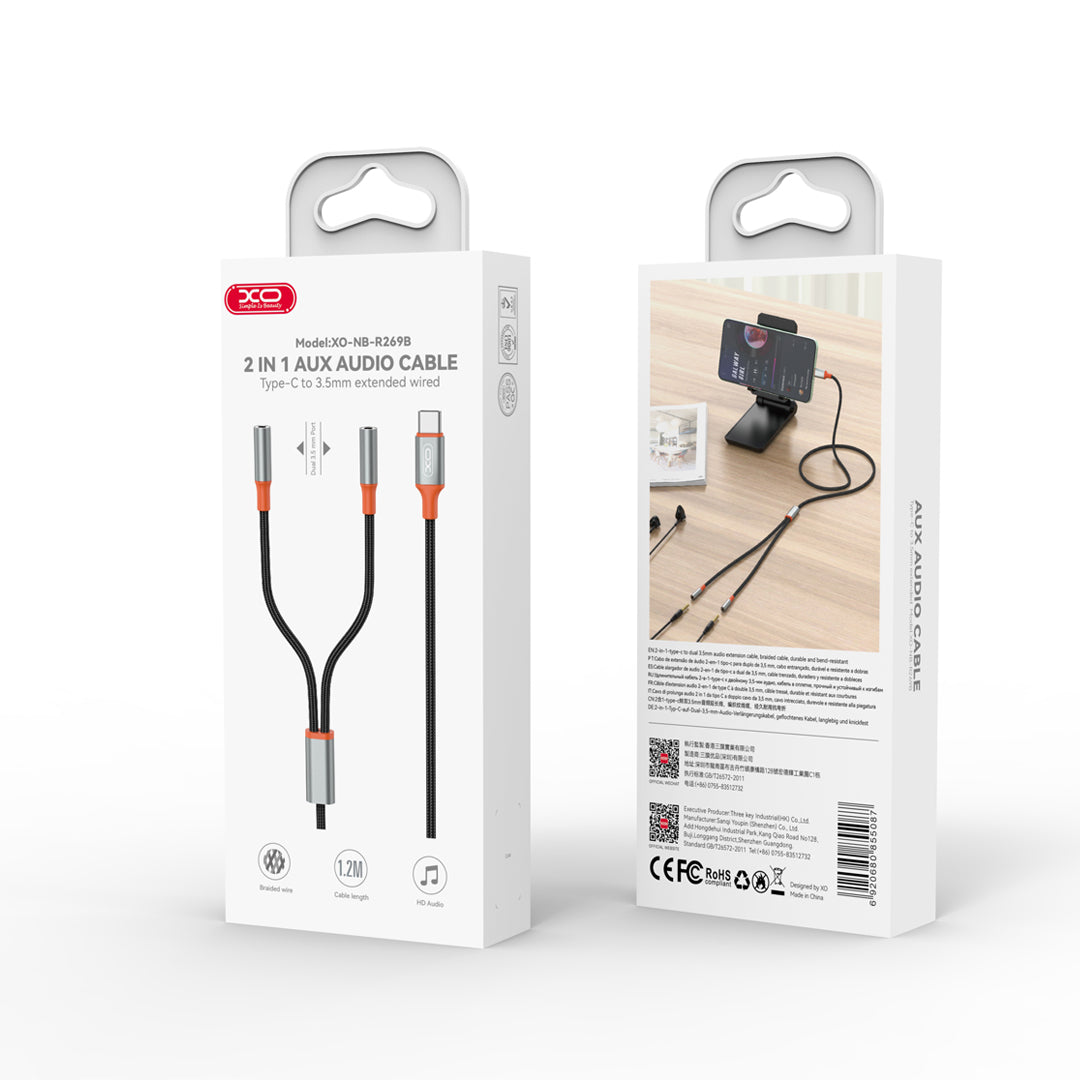 Cable Audio Splitter USB-C - 2 x 3.5mm XO Design NB-R269B 2in1, 1.2m, Negro