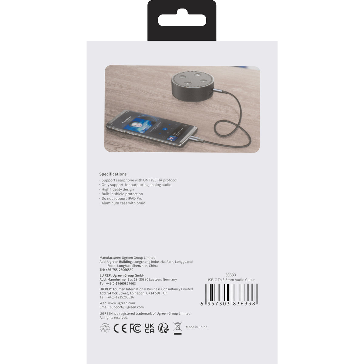 Cable de Audio USB-C - 3.5mm UGREEN AV143, 1m, Gris