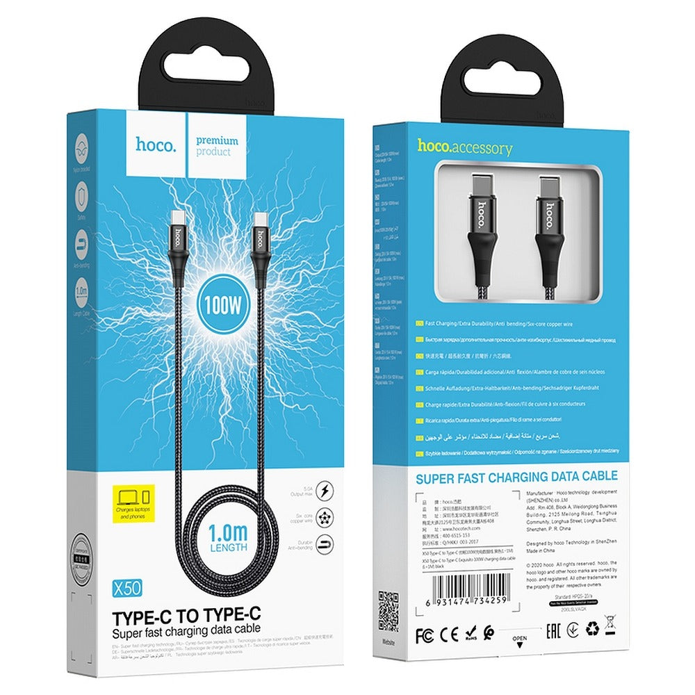 Cable de Datos y Carga USB-C - USB-C HOCO X50, 100W, 1m, Negro
