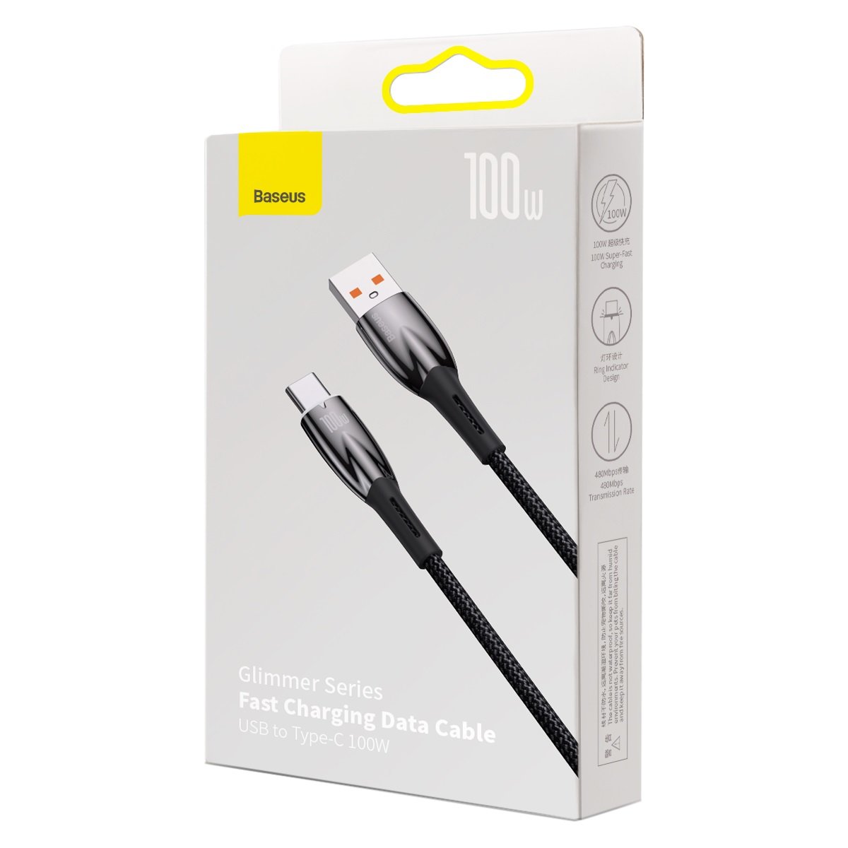 Cable de carga y datos USB-A a USB-C Baseus Glimmer Series, 100 W, 2 m, negro CADH000501 CADH000501