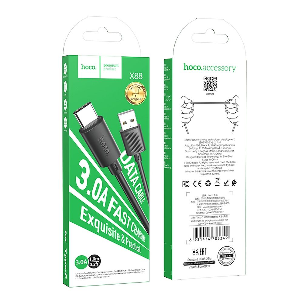 Cable de datos y carga USB-A - USB-C HOCO X88, 18W, 1m, Negro