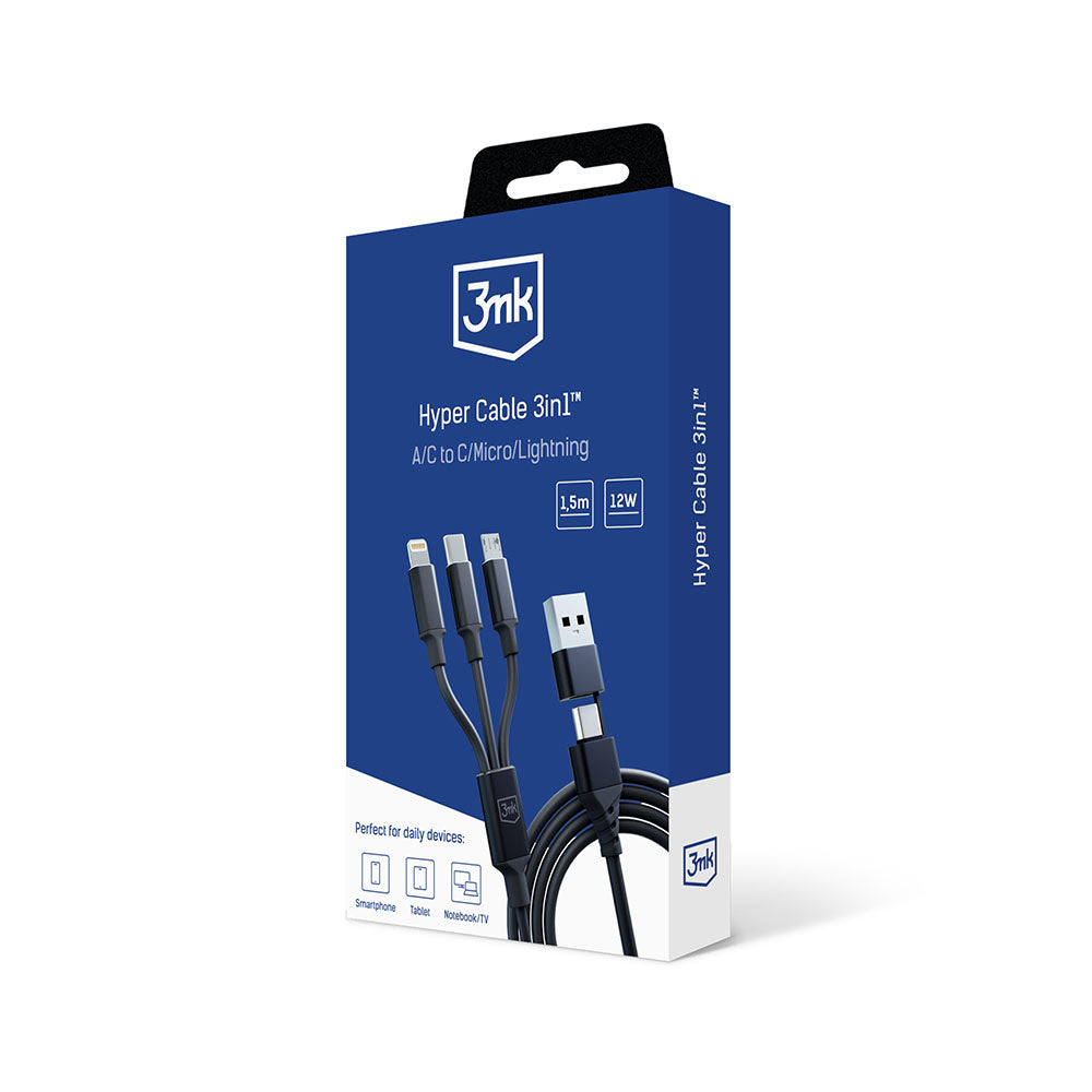 Cable de Carga USB-A / USB-C - Lightning / microUSB / USB-C 3MK Hyper 3in1, 12W, 1.5m, Negro