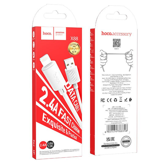Cable de datos y carga USB-A - Lightning HOCO X88, 18W, 1m, Blanco