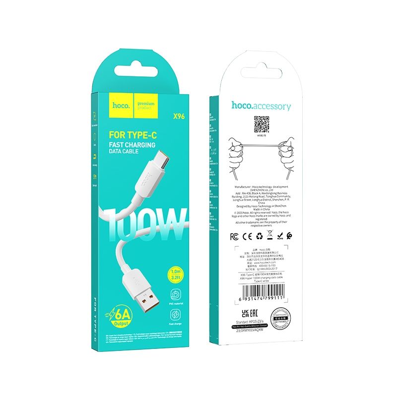 Cable de Datos y Carga USB-A - USB-C HOCO X96, 100W, 1m, Blanco