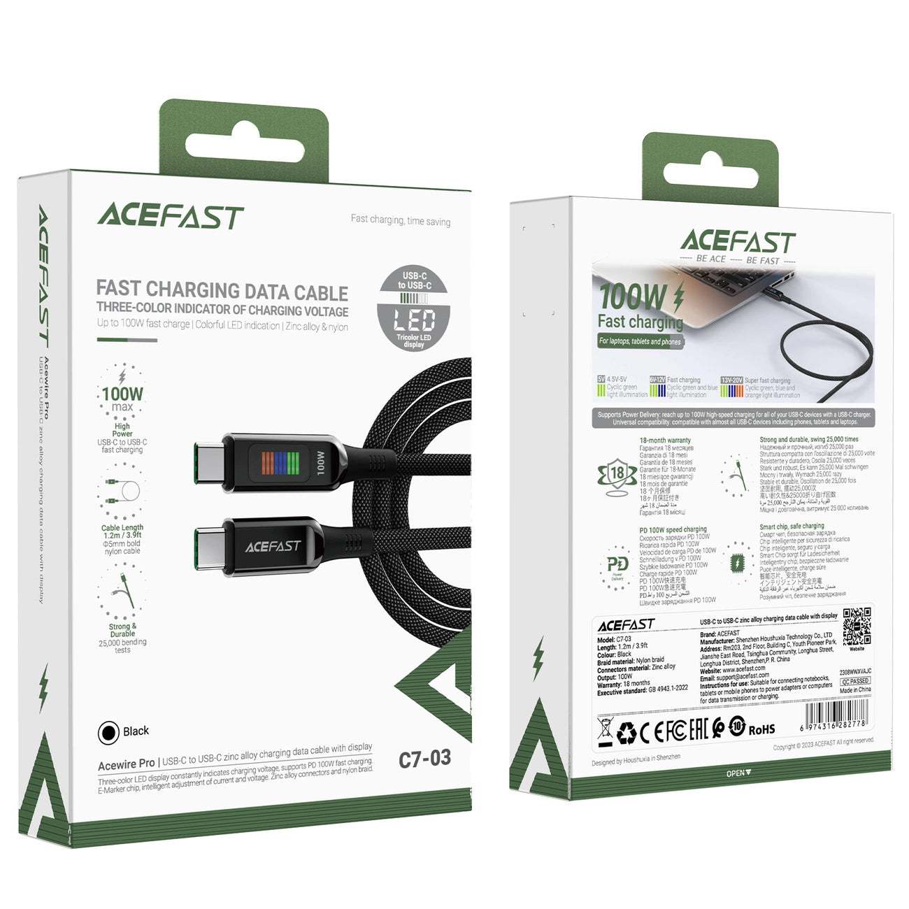 Cable de Datos y Carga USB-C - USB-C Acefast C7-03, 100W, 1.2m, Negro