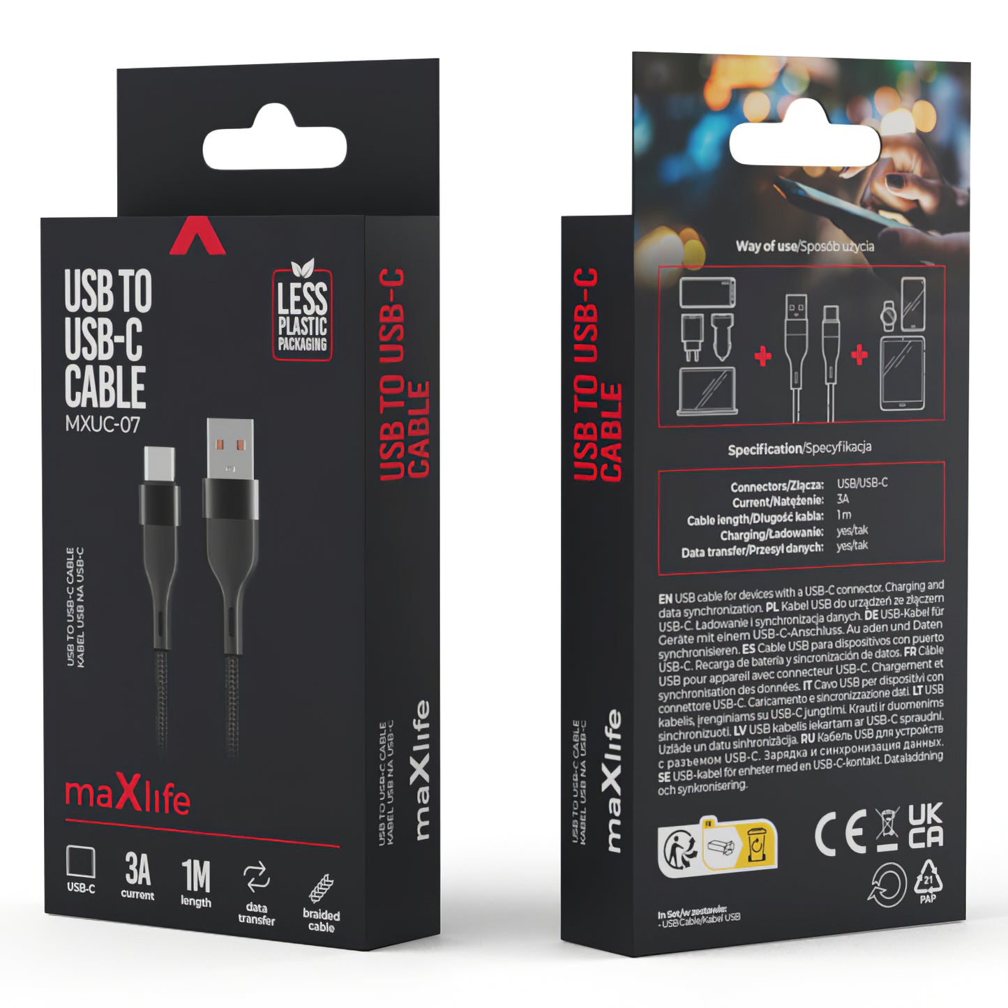 USB-A a USB-C MaXlife MXUC-07, 20 W, 1 m, negro