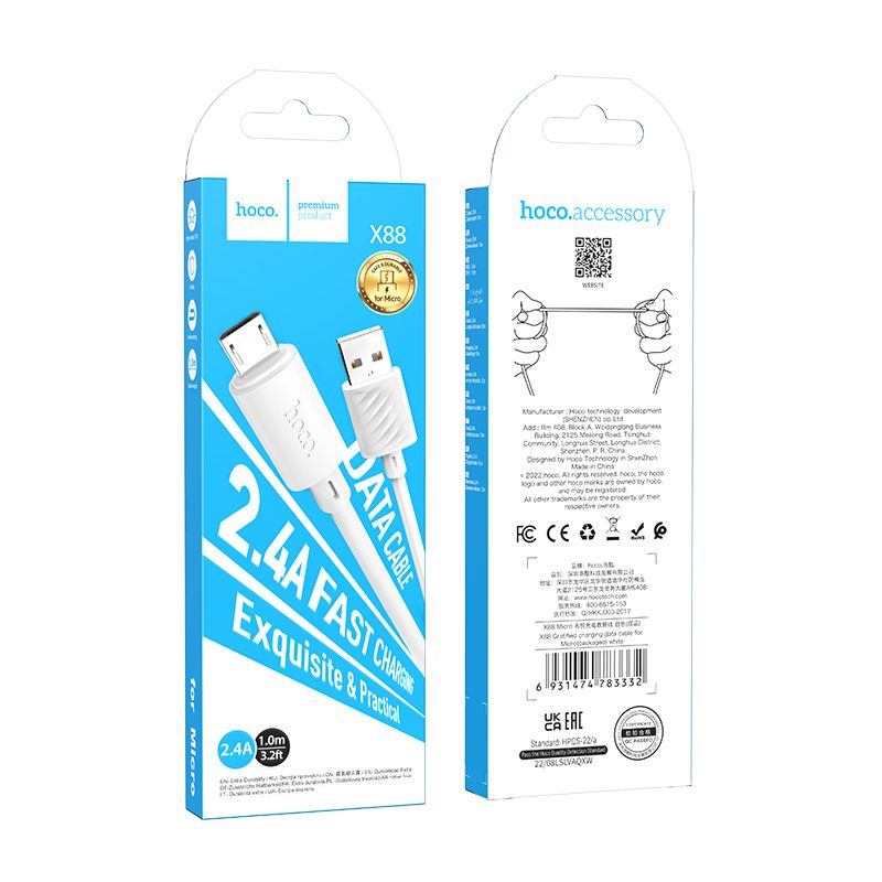 HOCO X88 Cable de carga y datos USB-A - microUSB, 18 W, 1 m, blanco