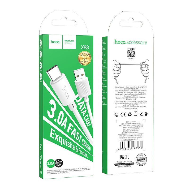 Cable de datos y carga USB-A - USB-C HOCO X88, 18W, 1m, Blanco
