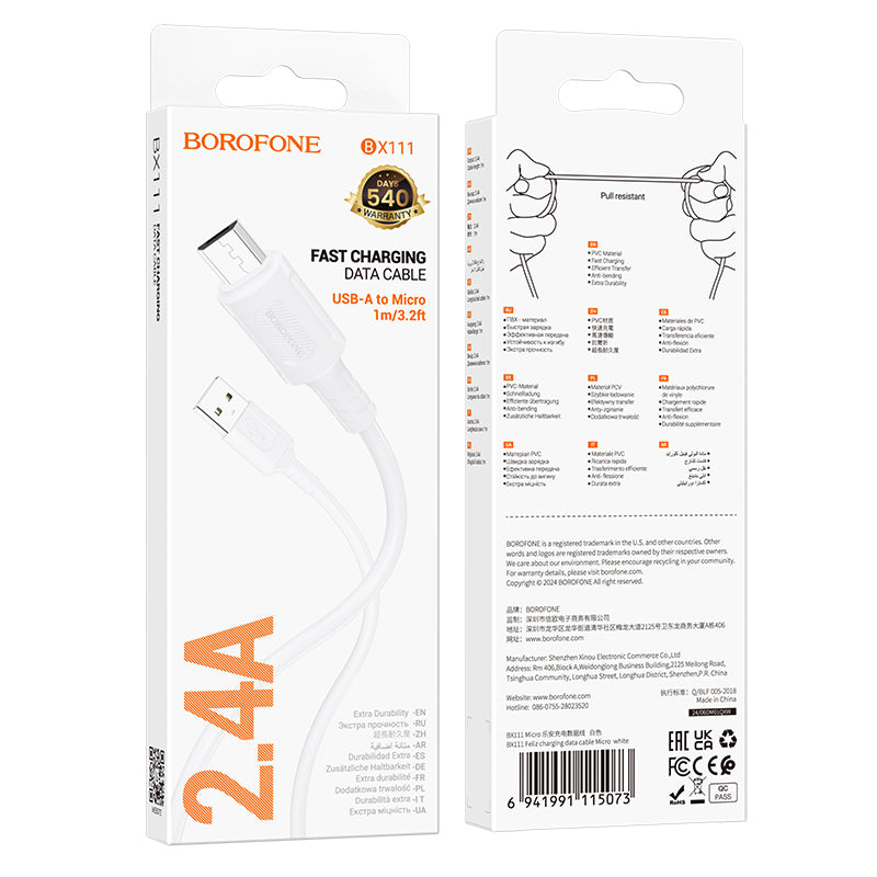 Cable de datos y carga USB-A - microUSB Borofone BX111 Feliz, 18W, 1m, Blanco