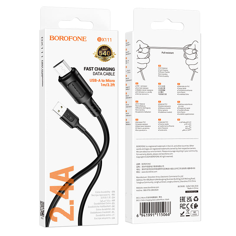 Cable de datos y carga USB-A - microUSB Borofone BX111 Feliz, 18W, 1m, Negro