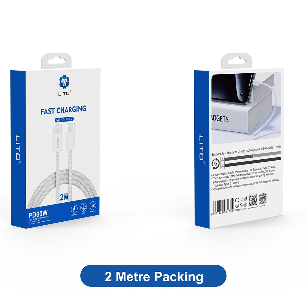Cable de Datos y Carga USB-C - USB-C Lito LD04CC, 60W, 2m, Blanco