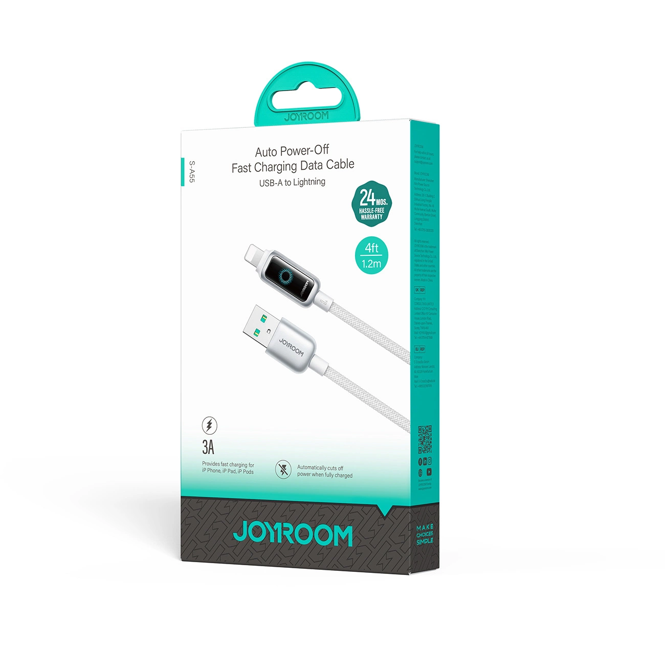Cable de Datos y Carga USB-A - Lightning Joyroom S-A55 StarFlight Display, 18W, 1.2m, Blanco