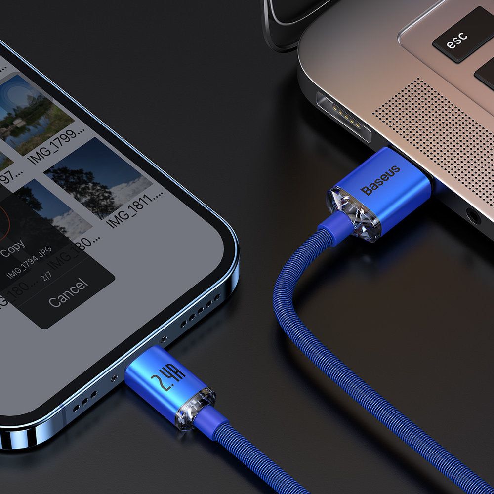 Cable de Datos y Carga USB-A - Lightning Baseus Crystal Shine Series, 18W, 1.2m, Azul CAJY000003