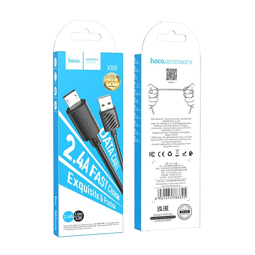 HOCO X88 Cable de carga y datos USB-A - microUSB, 18 W, 1 m, negro