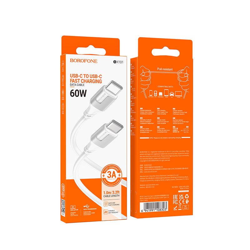 Cable de carga y datos USB-C - USB-C Borofone BX101 Creator, 60W, 1m, Blanco