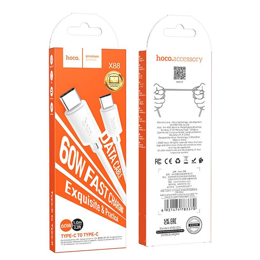 Cable de carga y datos USB-C - USB-C HOCO X88, 60W, 1m, Blanco