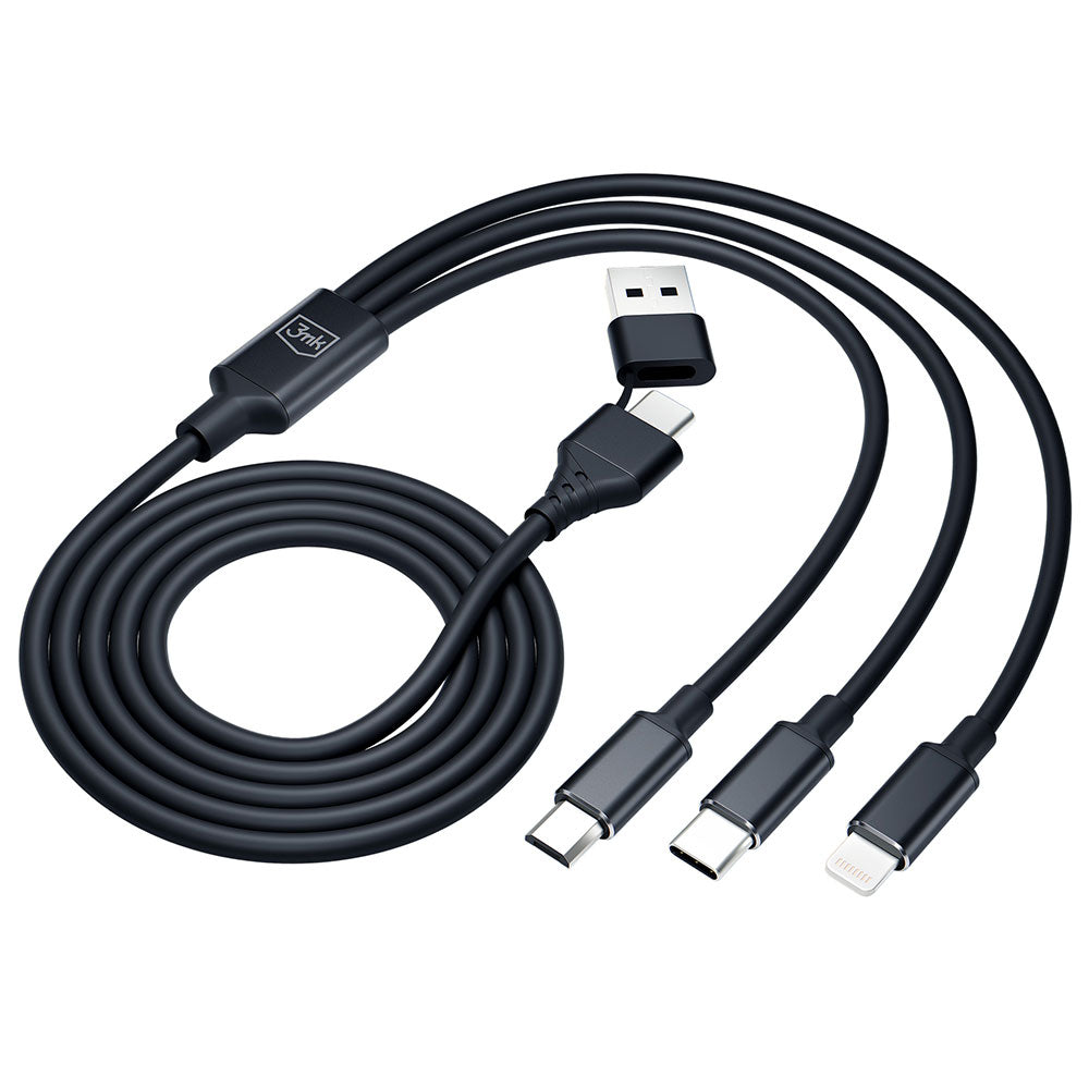 Cable de Carga USB-A / USB-C - Lightning / microUSB / USB-C 3MK Hyper 3in1, 12W, 1.5m, Negro
