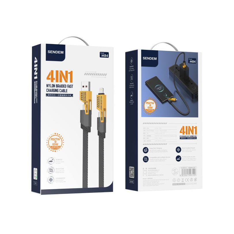 Cable de datos y carga USB-A / USB-C - Lightning / microUSB Sendem M84 2en1, 65W, 1m, Amarillo
