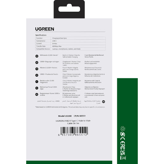 Cable de carga y datos USB-C - USB-C UGREEN US300, 100W, 1m, Blanco