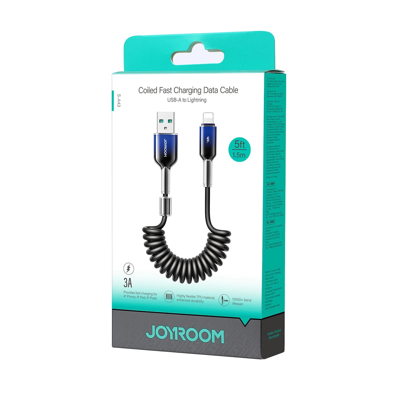 Cable de Datos y Carga USB-A - Lightning Joyroom S-A43 Crystal, 18W, 1.5m, Negro