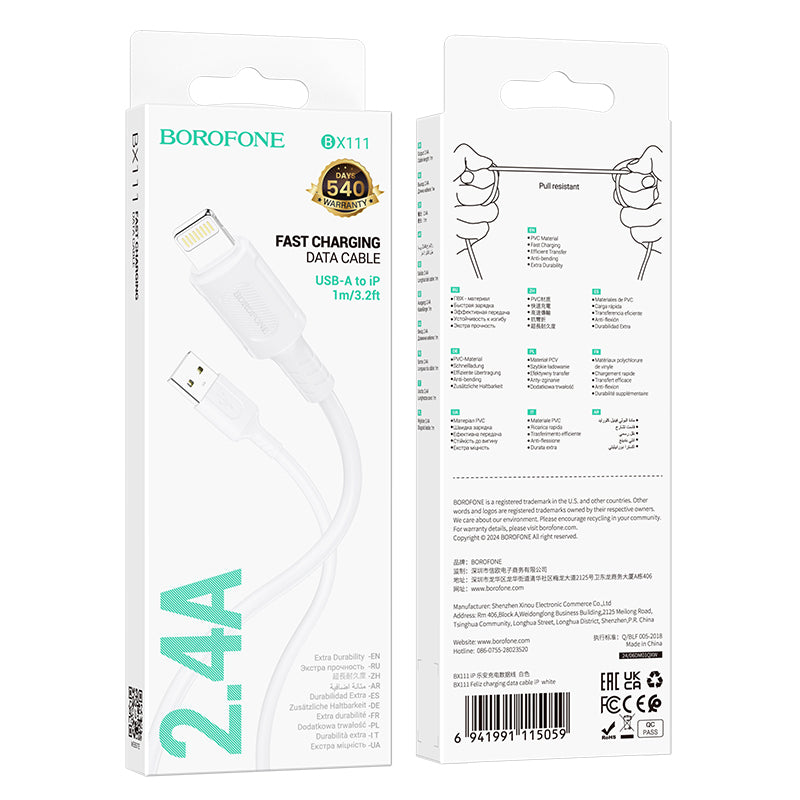 Cable de Datos y Carga USB-A - Lightning Borofone BX111 Feliz, 18W, 1m, Blanco