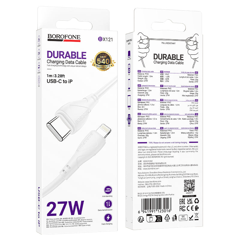 Cable de Datos y Carga USB-C - USB-C Borofone BX121 Energy, 60W, 1m, Blanco