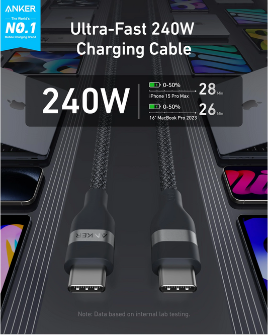 Cable de Datos y Carga USB-C - USB-C Anker, 240W, 1.8m, Negro A82E2H12