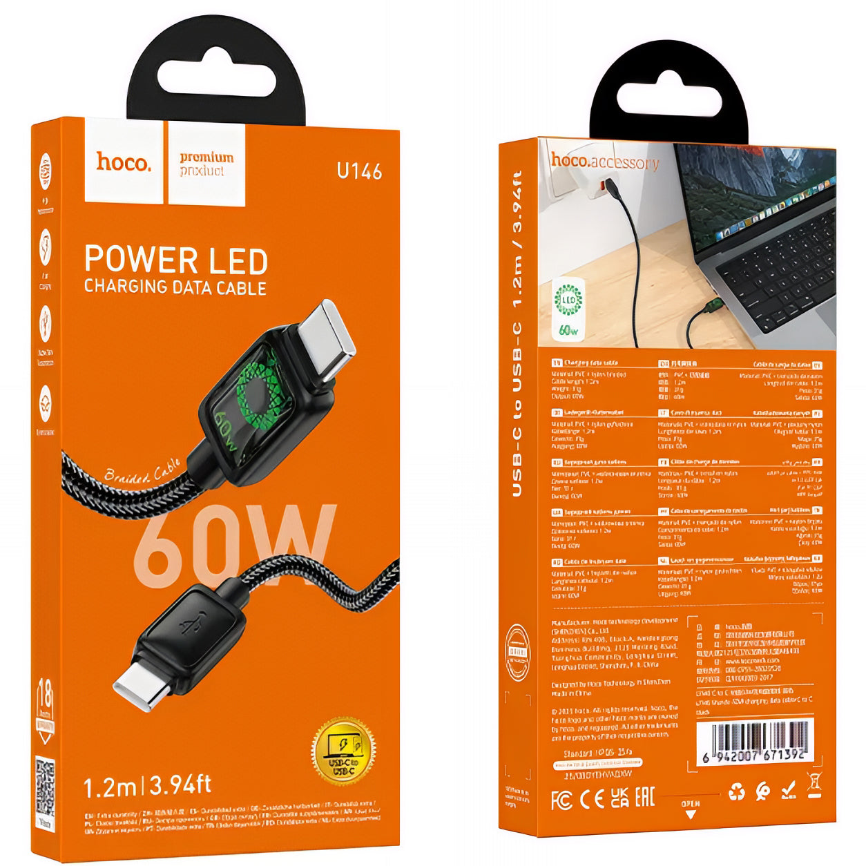 Cable de Datos y Carga USB-C - USB-C HOCO U146, 60W, 1.2m, Negro