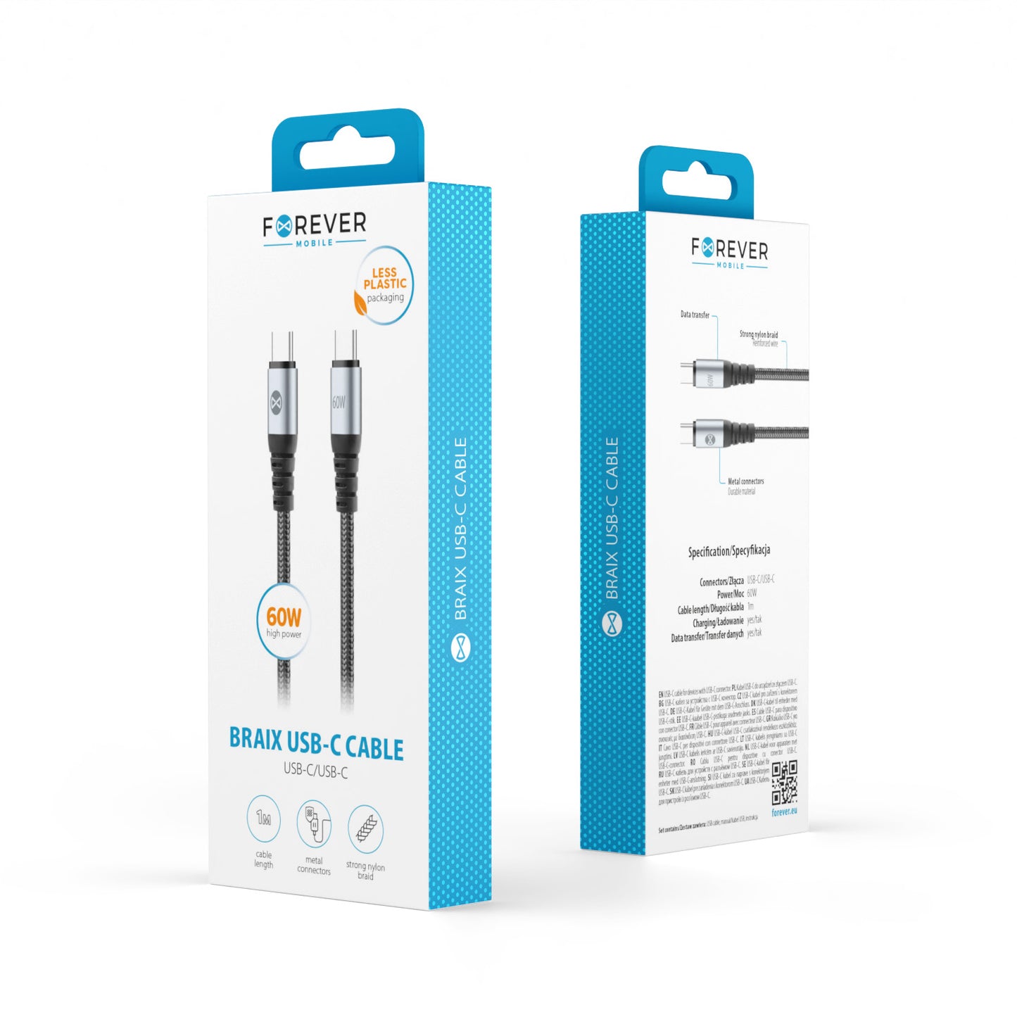 Cable de Datos y Carga USB-C - USB-C Forever Braix, 60W, 1m, Negro