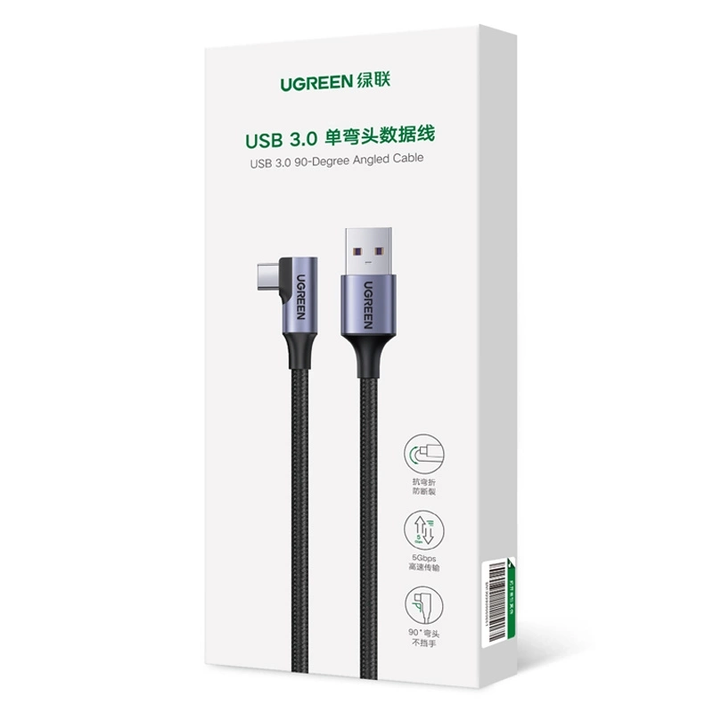 Cable de datos y carga USB-A - USB-C UGREEN US385 Angled, 60W, 1m, Gris