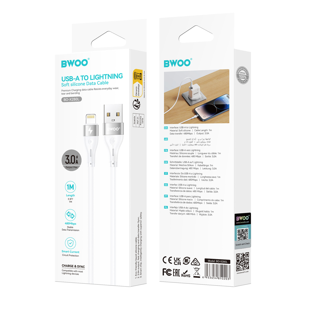 Cable de Datos y Carga USB-A - Lightning BWOO X280L, 15W, 1m, Blanco