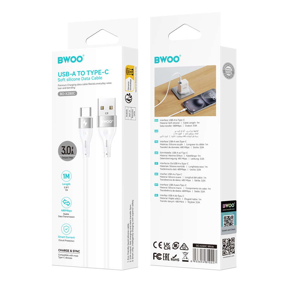 Cable de Datos y Carga USB-A - USB-C BWOO X280C, 15W, 1m, Blanco