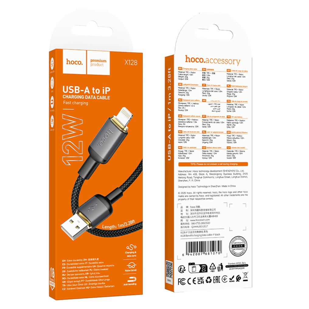 Cable de Datos y Carga USB-A - Lightning HOCO X128 Benefit, 12W, 1m, Negro