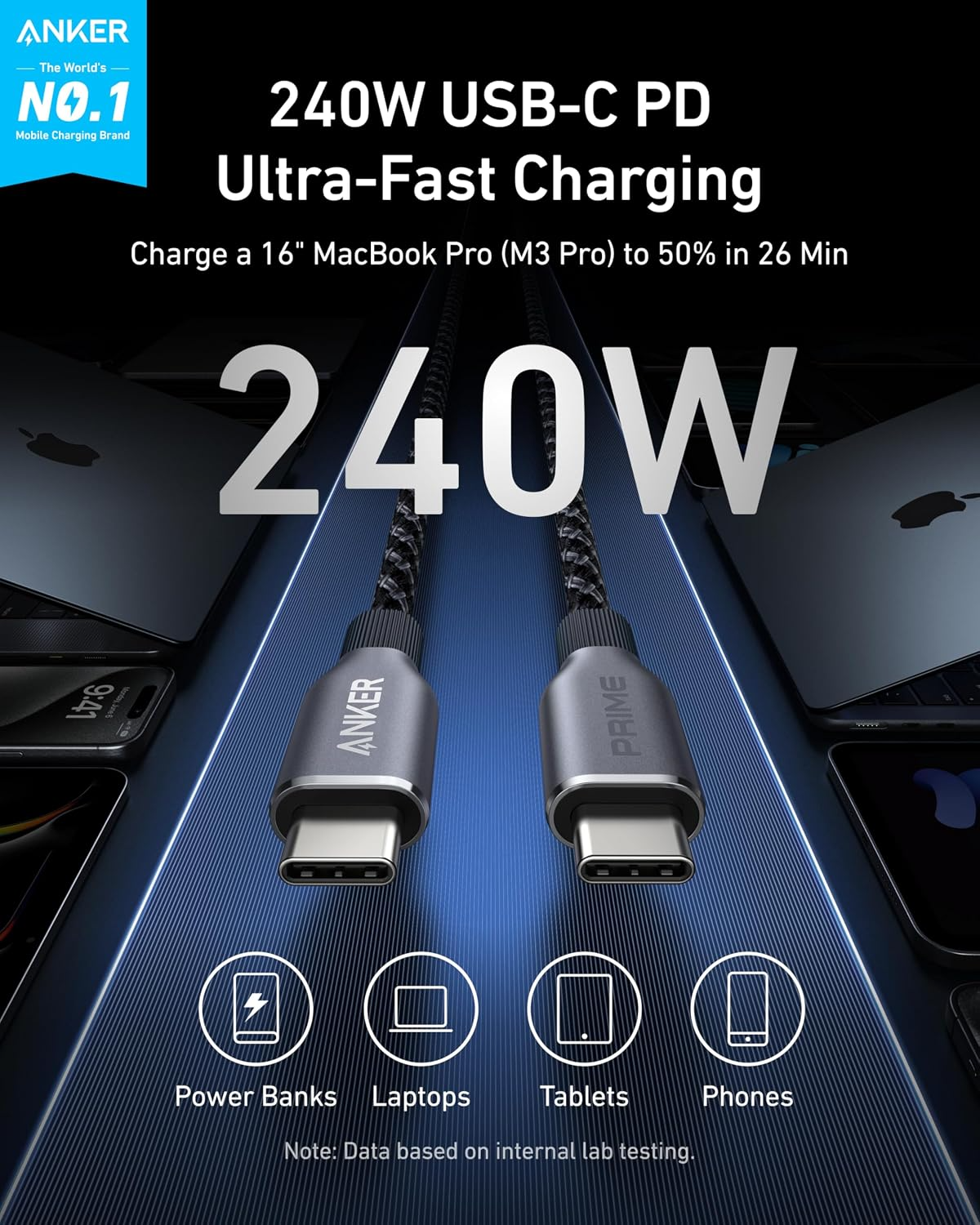 Cable de datos y carga USB-C a USB-C Anker Prime, 240 W, 0,9 m, negro A88E2011