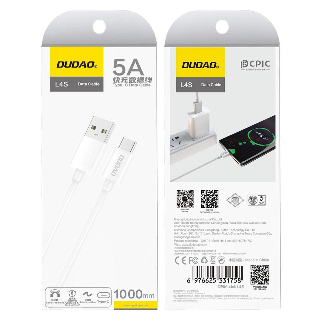 Cable de Datos y Carga USB-A - USB-C Dudao L4ST, 100W, 1m, Blanco