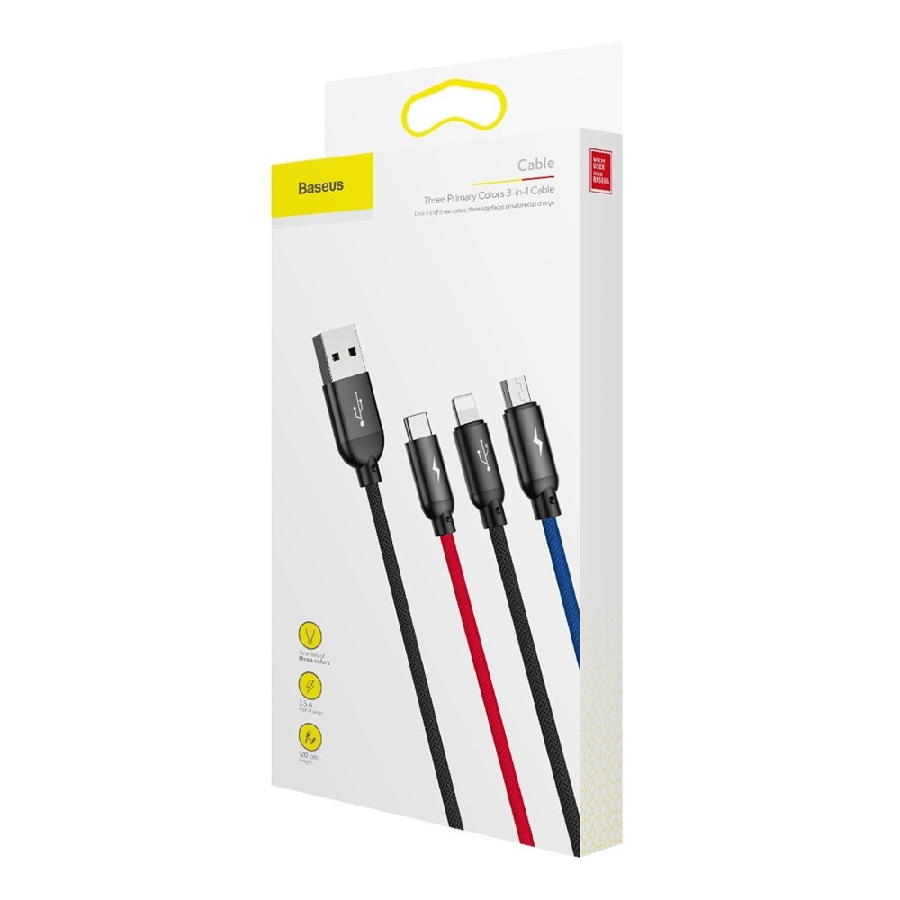 Cable de Carga USB-A - Lightning / microUSB / USB-C Baseus Colors 3in1, 20W, 1.2m, Negro CAMLT-BSY01