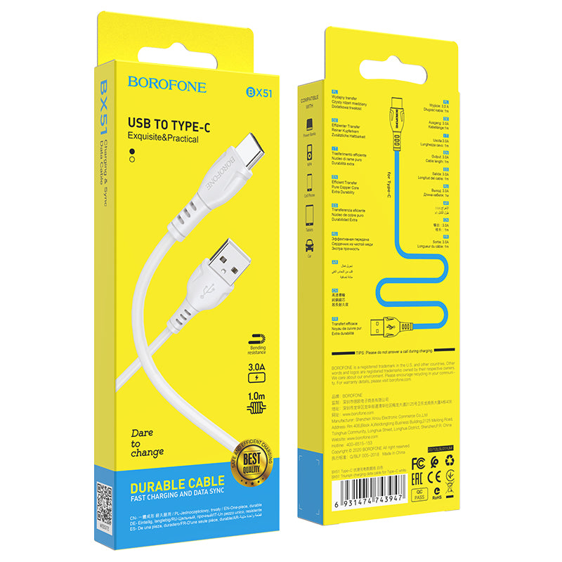Cable de Datos y Carga USB-A - USB-C Borofone BX51 Triumph, 20W, 1m, Blanco