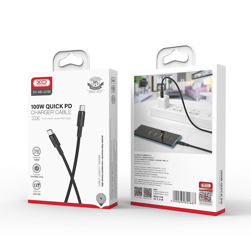 Cable de Datos y Carga USB-C - USB-C XO Design NB-Q199, 100W, 1.5m, Negro