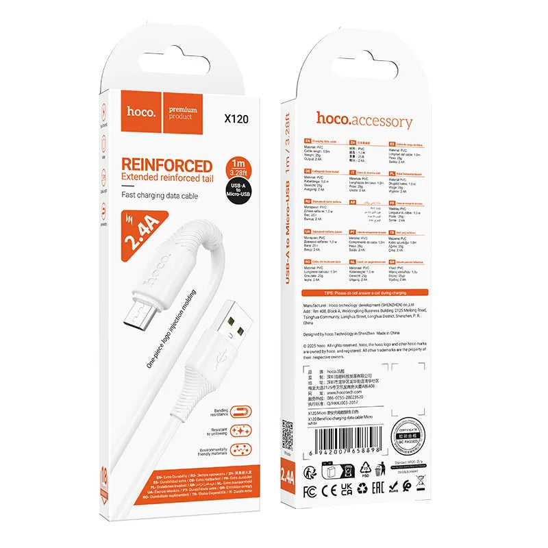 Cable de Datos y Carga USB-A - microUSB HOCO X120, 18W, 1m, Blanco
