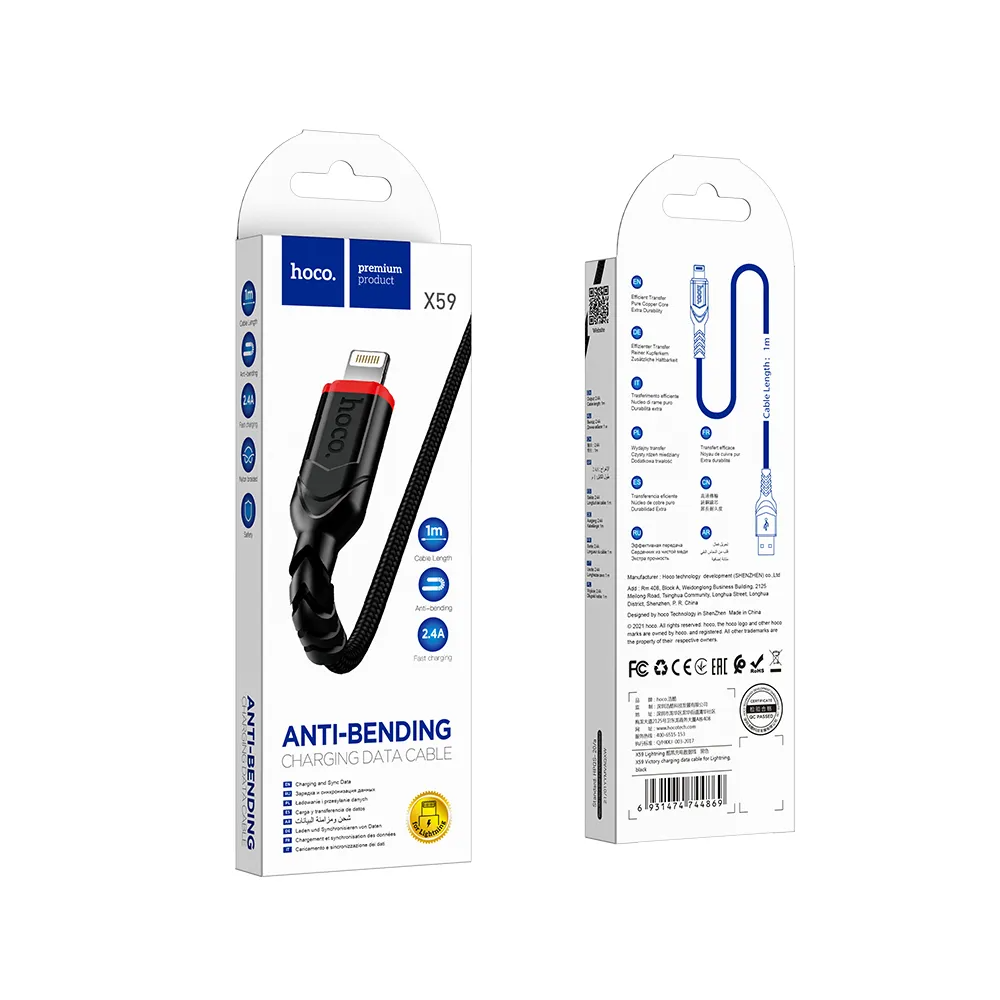 Cable de Datos y Carga USB-A - Lightning HOCO X59 Victory, 18W, 1m, Negro