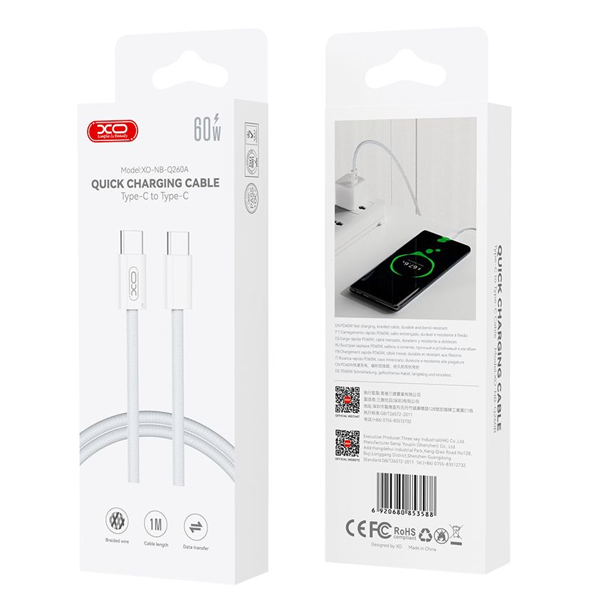 Cable de Datos y Carga USB-C - USB-C XO Design NB-Q260A, 60W, 1m, Blanco