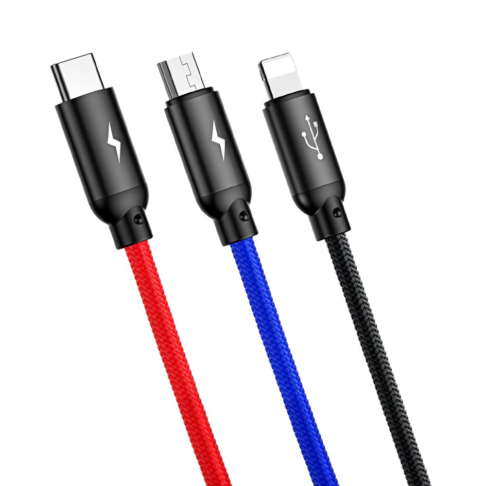 Cable de Carga USB-A - Lightning / microUSB / USB-C Baseus Colors 3in1, 20W, 1.2m, Negro CAMLT-BSY01