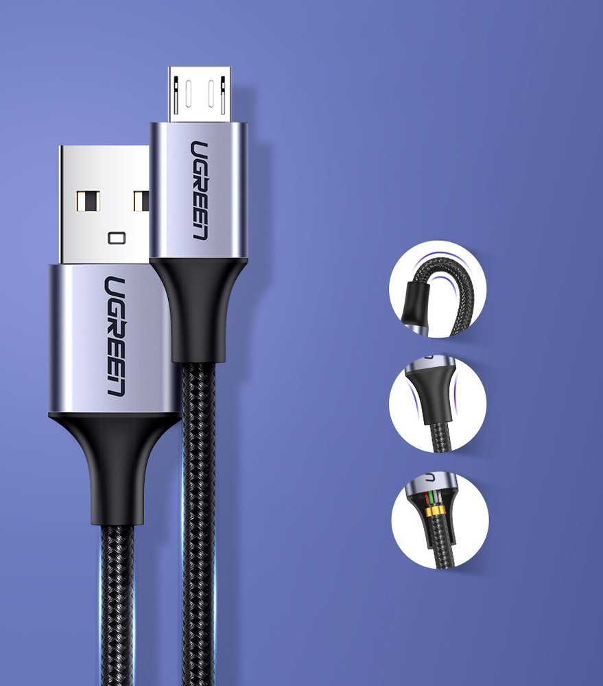 Cable de Datos y Carga USB-A - microUSB UGREEN US290, 18W, 1.5m, Negro